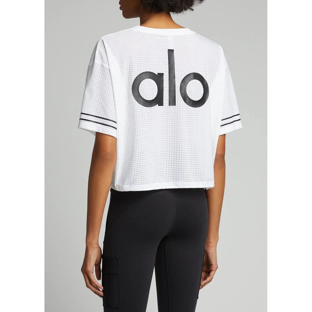 Alo Yoga Frontline Mesh Crop Tee White Black Logo Short Sleeve Top Workout S